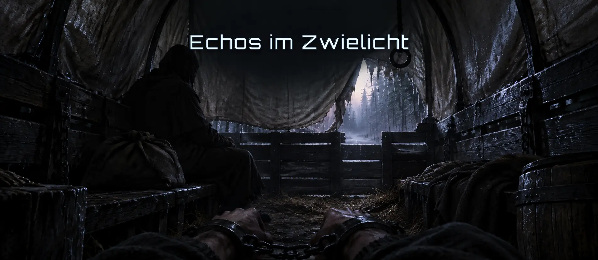 Echos-im-Zwielicht-Startbild-mit-Titel Echos im Zwielicht – Blick aus einer dunklen Gefangenentransportkutsche: Hände in Handschellen, ein Mitgefangener im Schatten und ein regennasser Wald.